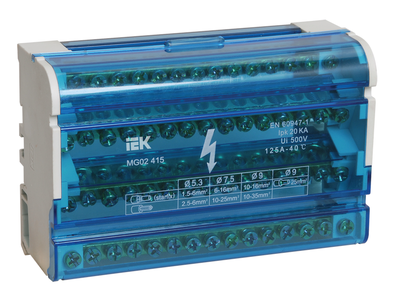 Bloc de distributie 4x15 suruburi,  montaj sina DIN, curent nominal 125A ()