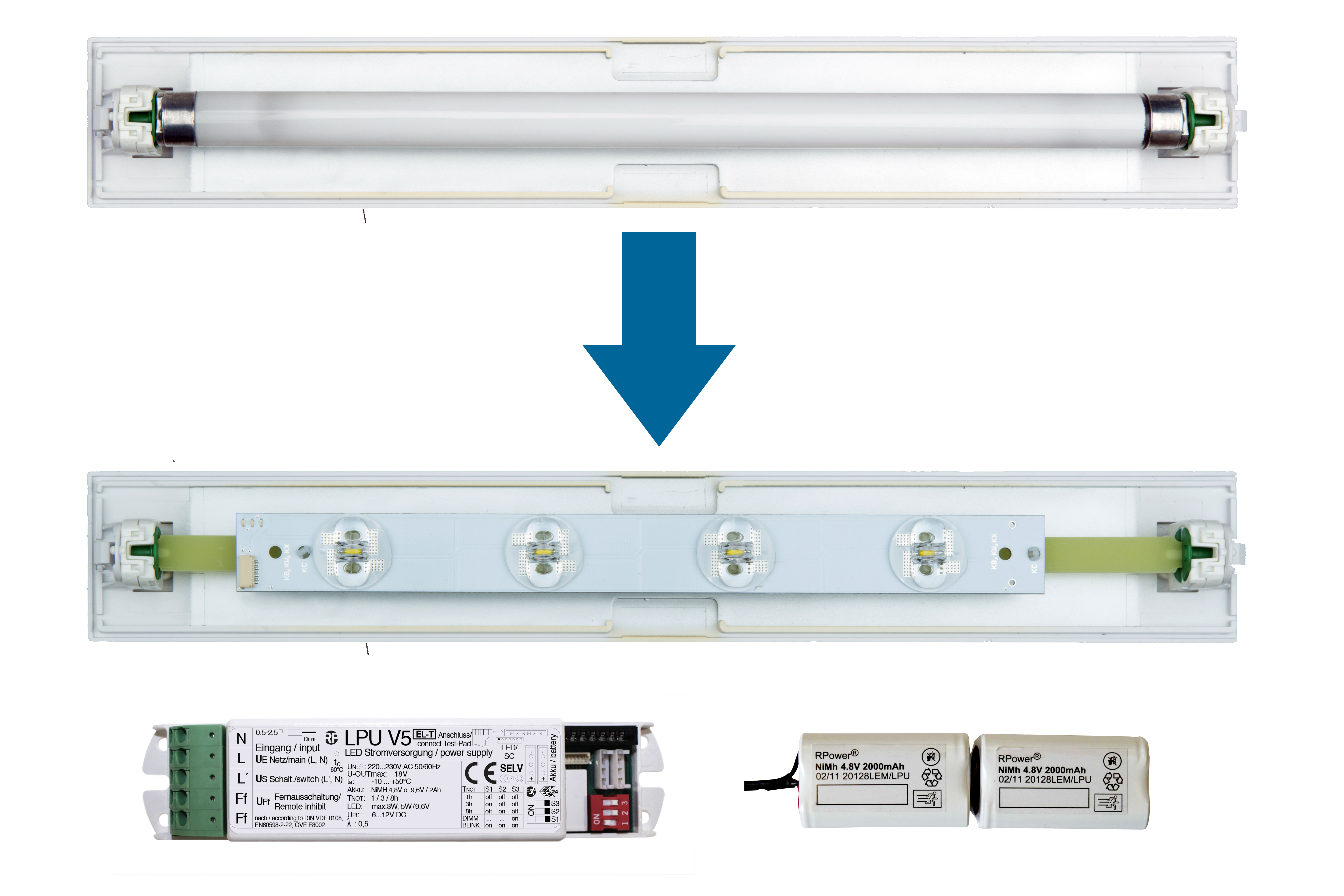 Set 4x1W ERT LED Strip cross + LPU 1h-8h + Akku 9,6V/ 2,0Ah